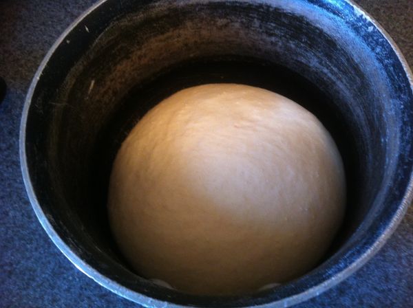 將所有材料(溫水除外)倒入鋼盆中,先用手輕輕拌勻,再將溫水分次加入(溫水夠了就好,不要太濕),將麵糰揉成光滑的麵糰,放入抹一層薄油的盆中,上面蓋上濕布,放入溫暖的環境裡等待發酵到一倍大(約30分鐘)