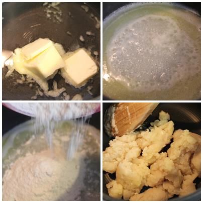 將水與奶油加熱煮滾後, 關火, 倒入麵粉/鹽巴燙熟, 攪拌成糰