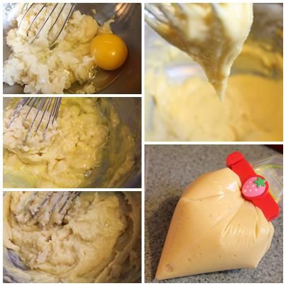 將燙熟的麵糰移到攪拌缸, 加入雞蛋, 一次一顆, 攪拌至雞蛋完全被麵糊吸收. 最後一顆蛋請分次酌量加入, 攪拌到舉起攪拌器後, 麵糊緩緩滴下呈現倒三角狀即可