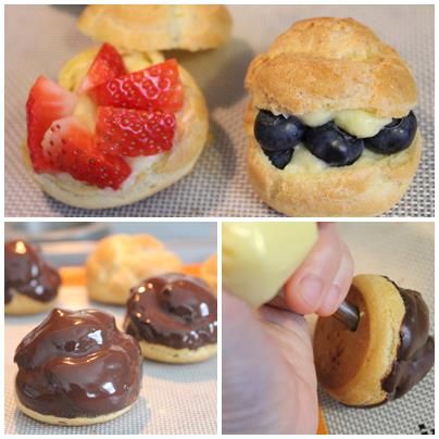 待泡芙放涼後, 剖開, 擠上適量的卡士達醬, 擺上水果片

    或在表面沾融化巧克力, 再擠入卡士達醬