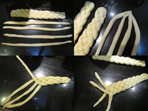 取4條排在一起, 一頭捏緊, 開始編辮子; 編好後尾端也捏緊