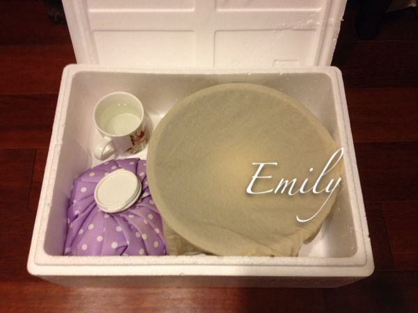 將麵團放入密閉的保麗龍盒中進行第一次發酵60分鐘(天氣冷, 我利用放一杯熱水及熱水袋來幫助提高密閉的保麗龍盒中的溫度)