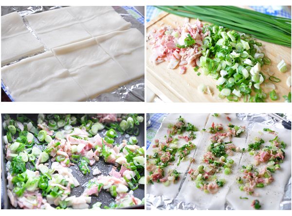 先將買來的粿仔片切成長方狀，並準備培根末與蔥花放入鍋爆香拌炒，鋪在切割好的粿仔片，灑上適量的義大利香料