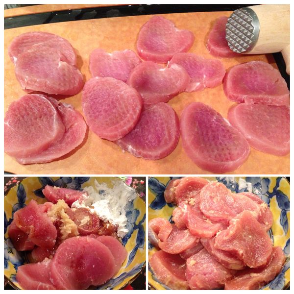 將豬排用肉鬆槌或刀背拍鬆，然後加入所有醃料抓勻，並且醃最少半小時至入味。