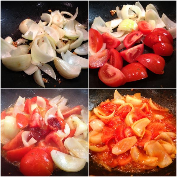 起另一鍋，將蒜末和洋蔥炒香後，加入番茄和所有調味料拌炒均勻。