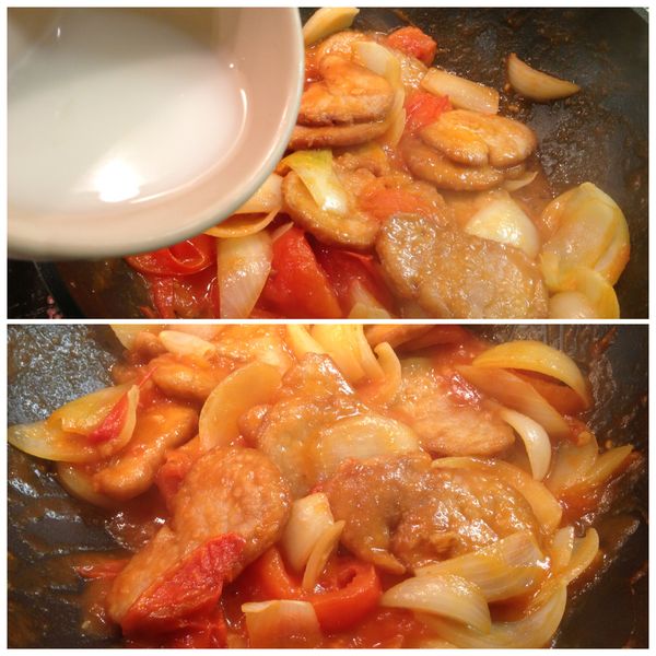 最後加入少許太白粉水煮至醬汁濃稠，並讓醬汁均匀地裹在豬排上即可。