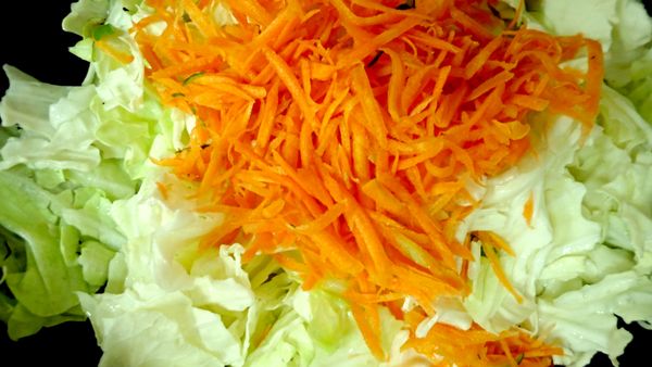 高麗菜、胡蘿蔔去皮切絲，大豆乾、蔥等食材切絲洗淨後備用。