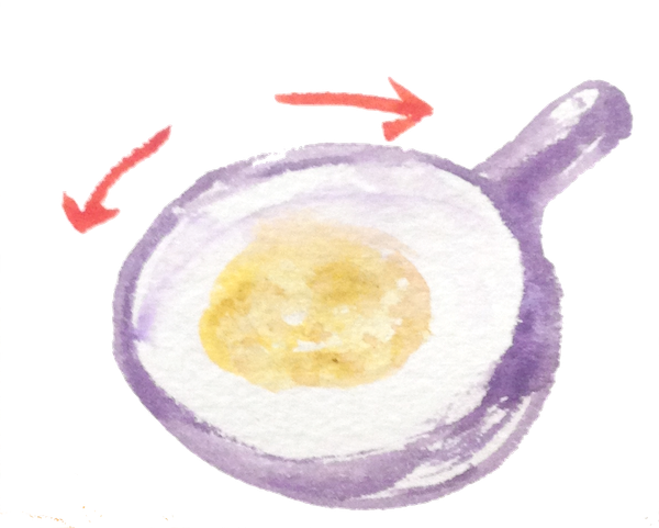 將稀稀的麵粉薄薄的倒入平底鍋，左右晃動；等一下下，然後再翻面。
tip: 我最愛奶油和起司什麼的了，所以趁鍋子溫時，我有先用一小塊奶油打底 :)