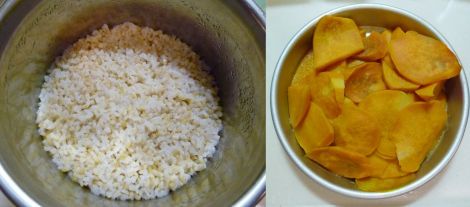 將切片的地瓜與糙米(米:水=1:2) 一起置於電鍋內蒸熟