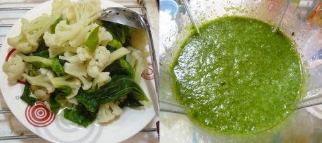 將地瓜葉+白花椰菜+小白菜用滾水燙熟後放涼! 利用果汁機稍微打成泥(可保留一些纖維)