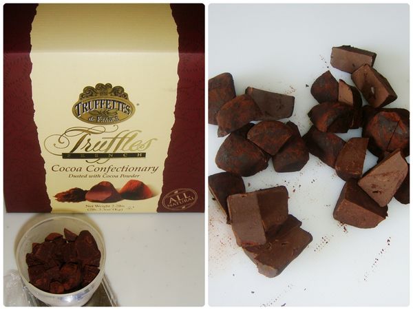 松露巧克力70G，前一晚切每塊小於0.3立方公分，切好後，散放入冷凍庫冷凍，低溫才能在製作時溶的慢，讓大理石紋路好看。