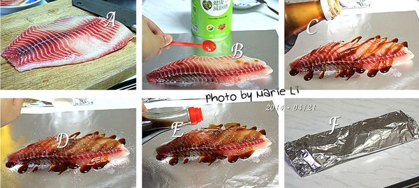 做法：

A：鯛魚洗淨，從中間剖成兩片
B：取一張錫箔紙抹上一點油，將魚片擺上去灑點鹽
C：淋上一些素蠔油
D：再灑上約一匙的糖
E：倒進少許的烏醋
F：將錫箔紙四方都包起來，把魚包覆在裡面