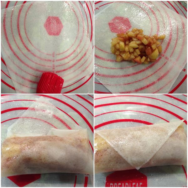 將春捲皮平鋪，兩面均抹上少許油或奶油。在尖角偏下的地方擺放適量蘋果餡料，然後將春捲皮的底部往上折起，包住餡料，再將兩邊向中間折起，最後把包好的半邊往上捲起來，用少許麵粉漿封口，就成了一个春捲。