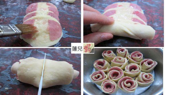 4小等份，部分重疊，如圖捲起來。從中間對切，一分為2朵玫瑰花。入事先抹薄油的模型容器中。溼布蓋上第二次發酵約30-40分鐘。每個間隔要有膨脹的空間。