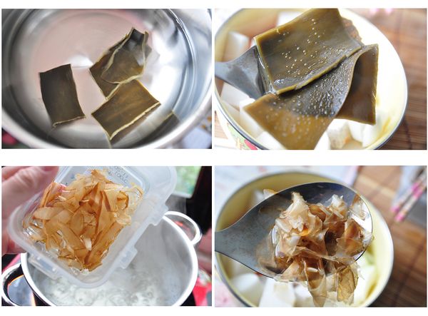 先準備湯底，將海帶清洗後放入鍋中加入適量的水浸泡30分鐘，再加熱至水沸騰取出海帶，接著加入柴魚片滾煮約3分鐘熄火，稍放涼後取出柴魚片