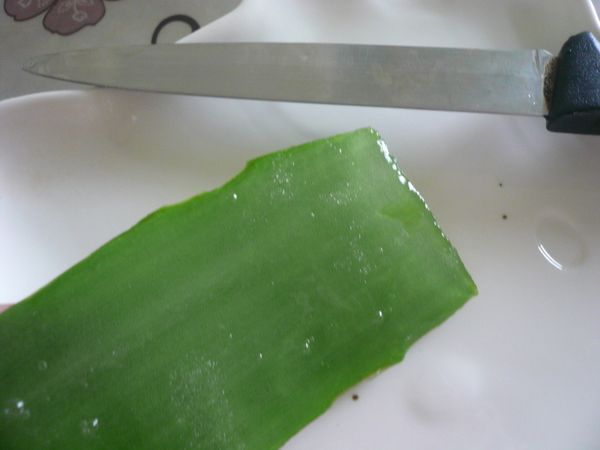 將蘆薈上層的綠皮切除。