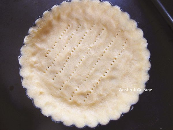 （份量是６吋的南瓜派２個）麵團分成２團，桿平放進烤盤，用叉子戳洞，避免塔皮烘烤時變形