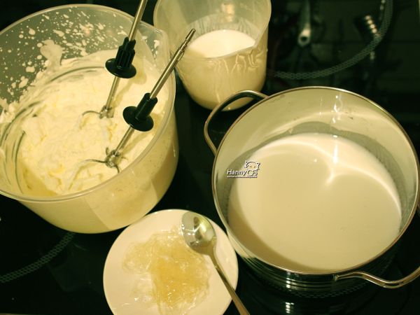 [奶酪層]鮮奶油打成僵直狀，吉利丁片泡水軟化把多餘的水份擠掉。發酵乳(可用鮮奶代替)加熱，把泡軟的吉利丁片攪拌溶化，關掉火源稍微降溫再把僵直狀的鮮奶油分批和入發酵乳快速攪拌直到均勻。然後把整鍋液態的奶酪慢慢倒在布丁層上！這個步驟最需要注意的是"溫度差"，奶酪不宜太熱。不然滾燙的奶酪會把布丁再次溶化！
