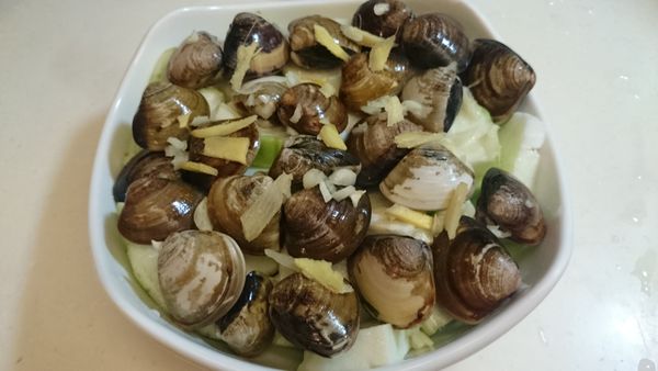 取一稍有點高度的盤子, 將絲瓜片舖底, 擺上蛤蜊, 最後放上蒜及薑絲, 灑上極少量的鹽及干貝粉, 放入大同電鍋, 外鍋放 0.8杯的水, 待電鍋開關跳起即成