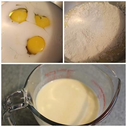 鮮奶/雞蛋/蜂蜜先攪拌均勻, 加入中筋麵粉/鹽巴/融化奶油拌勻完成粉漿
    ** 為了方便操作, 可以把粉漿到入有滴嘴的玻璃量杯