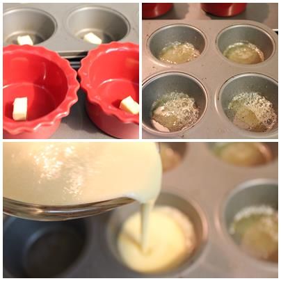 烤箱預熱425度F/ 210度C. 將另外20g的室溫奶油切成6小塊. 放入烤模中