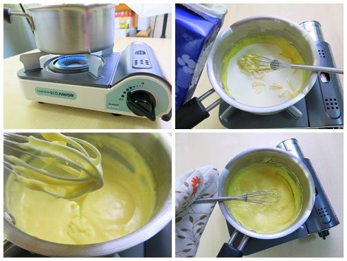 再依序加入麵粉、牛奶混合均勻後，放置爐上中小火加熱，過程中持續攪拌，直到醬汁變光滑濃稠，舉起會像水一樣滴落，關火，加入鮮奶油攪拌一下煉乳卡士達餡就完成了。