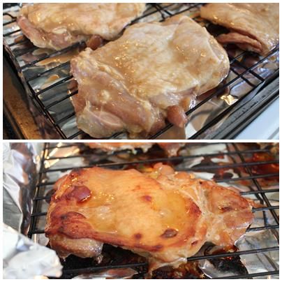 烤盤上舖上鋁箔紙, 放烤架. 將醃好的雞腿放在烤架上
    ** 放在烤架上烤可避免烤的時候雞肉浸泡在釋出的油脂中, 影響酥脆得口感