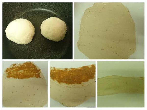 作業嗶嗶聲響起後取出麵糰（麵包機勿按取消），揉擠出空氣後分成二糰，弛鬆醒麵５～１０分鐘。
取其中一個麵糰桿成長方形，上方１／３處塗抹花生醬後往中間折壓，再在其上塗抺花生醬，下方１／３未抹內饀的麵皮往上中間折壓。