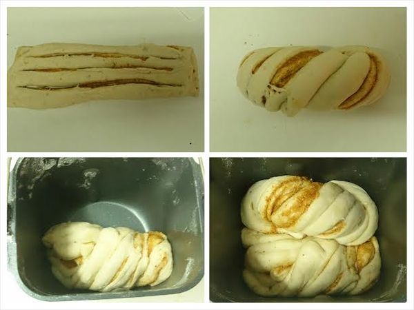 用刮刀橫切畫幾刀（頭尾不切斷），拿起左右端上下扭轉，將頭尾藏於下方，再放入已取出攪拌葉片的容器內。
另一個麵糰同樣作法，再並排放入容器內。
將容器放回麵包機，按開始繼續接下來的行程。