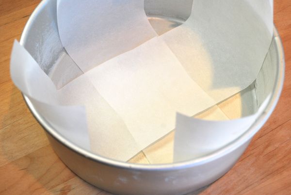 烤箱預熱350℉/180℃，8吋圓形烤模中抹上奶油、撲上麵粉（分量外），交錯放上兩張長條烘焙紙

※ 墊烘焙紙較容易將蛋糕整個提起脫模，因為此款蛋糕不建議傳統的翻轉脫模，若使用可脫底起司蛋糕模尤佳