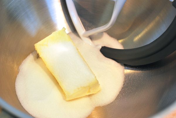 攪拌缸搭配槳狀攪拌器，將室溫奶油與砂糖打發至泛白色的羽絨狀