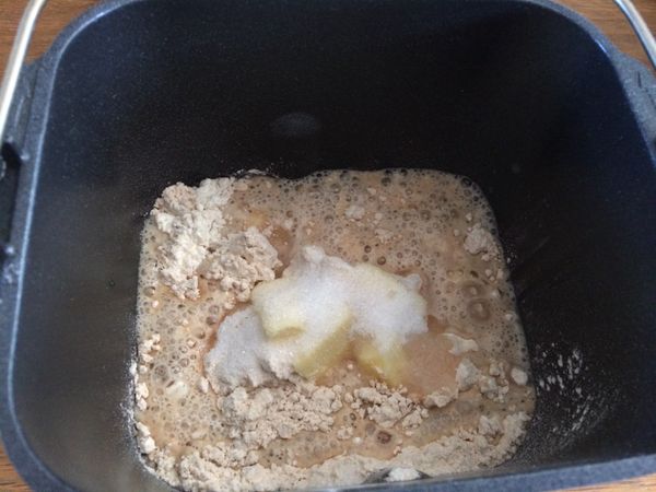 將除了速發酵母之外的材料都放進麵包機的麵包容器中，(酵母請另外放入酵母投入槽)
選擇土司行程。