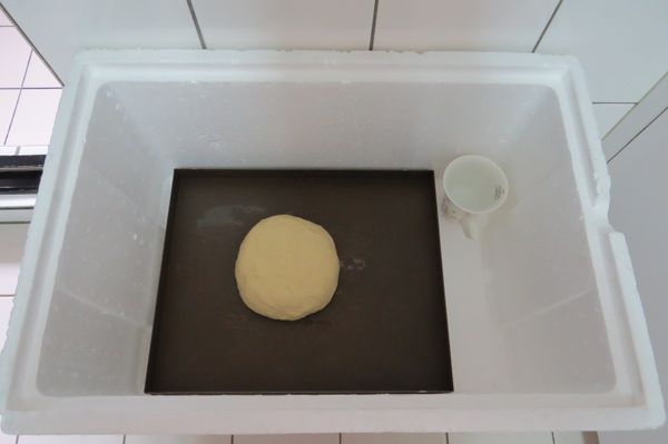 用攪拌機將麵團打勻後，放入保麗龍箱內，再加杯熱水，進行基礎發酵50分鐘