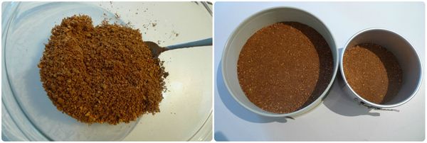 混合餅乾底－將放室溫融化的奶油、可可粉、花生醬、黑糖和鹽加入餅乾碎屑裡用手抓均勻，再緊密按壓在九吋蛋糕模型底部。