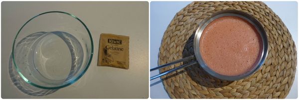 將新鮮的草莓和糖一起放入果汁機，加入2湯匙水打成滑順果汁，再倒進煮醬汁的小鍋中小火煮。將一包吉利丁粉分散倒入2湯匙冷水裡，靜置約兩分鐘等待成型。將成型的吉利丁片放進草莓醬裡用小火繼續煮至完全溶解再關火。留下3/4量杯的量作蛋糕上的草莓醬。