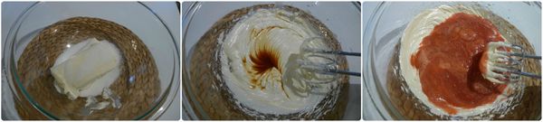 將放室溫超過一小時的奶油乳酪和糖用手持式攪拌器中低速打到鬆軟均勻，加入香草精及做好的草莓醬（別忘了留下蛋糕上層的3/4量杯)。