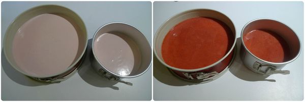 重奶油用手持攪拌器打至滑順，將鮮奶油慢慢拌進奶油乳酪裡直到均勻。將內餡倒進蛋糕模裡，輕輕敲打蛋糕模使裡面的泡泡消失。放進冰箱裡冰兩小時。