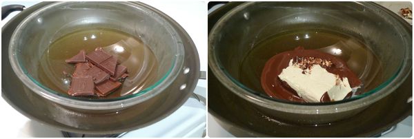 在一個可加熱的大碗裡放入巧克力隔水加熱直到融化。慢慢拌入放室溫至少一小時的奶油乳酪和瑪士卡彭起士，直到攪拌均勻。