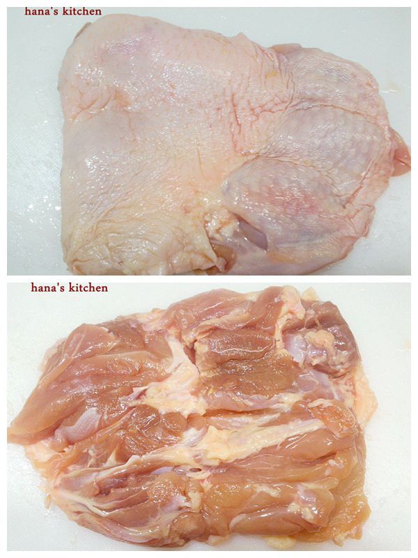雞腿肉先將多餘的皮脂切掉,反面將肉比較厚的部份稍為用刀輕輕劃開一些就好,

讓雞肉厚度平均（這樣煎的時候也比較容易熟）