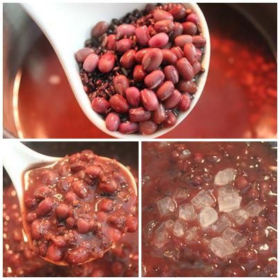 用湯鍋將水煮沸後, 加入洗淨的紅豆與紫米, 蓋上鍋蓋後, 泡2小時