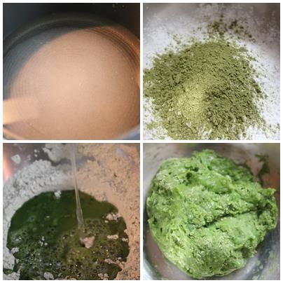 水與糖放入鍋中, 加熱煮到糖完全融化. 片栗粉與綠茶粉攪拌均勻
    ** 片栗粉也可用地瓜粉代替