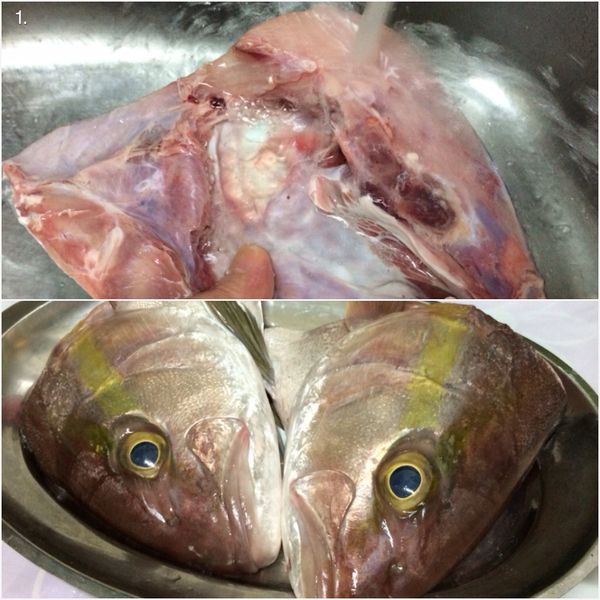 魚頭剖半，將魚骨旁之血塊清洗乾淨，裡外抹勻少許鹽醃20分鐘