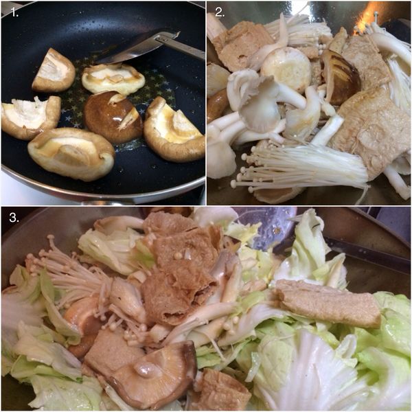 炒香香菇、豆皮，再加入其它菇類稍炒後，放進大白菜、調味料將白菜炒軟