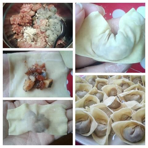 將料放在雲吞皮中央，圍邊塗點太白粉水，然後對摺，再反向後面，再用太白粉水將兩邊黏住