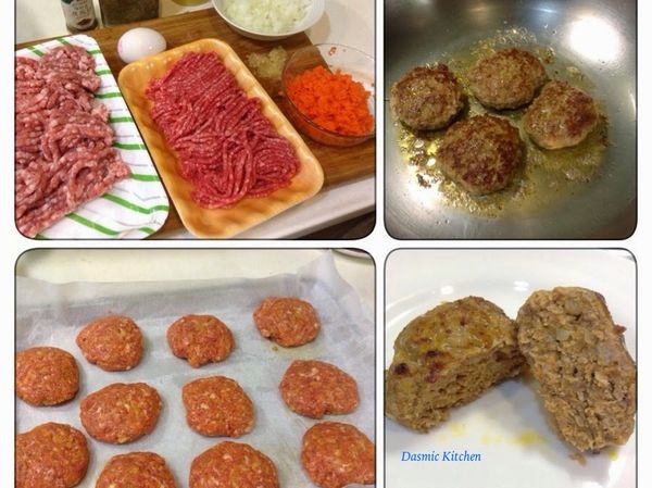 蛋入鋼盆中先打散，蒜末/洋蔥末/胡蘿蔔泥/絞肉/麵粉依序加入拌勻