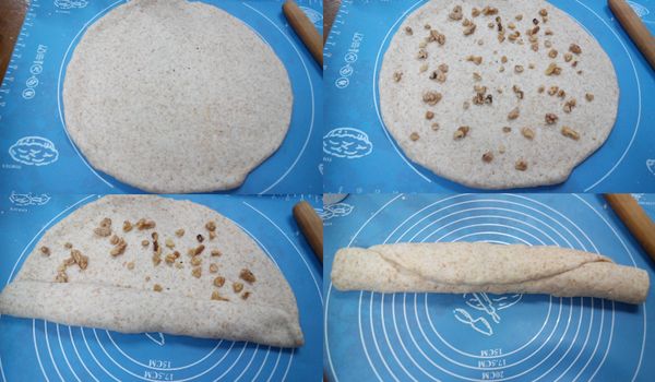 [麵糰]攪拌完成後取出捍平，撒上核桃再捲成條狀。