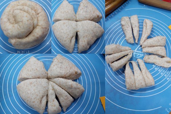 將條狀麵糰捲成蝸牛殼狀再成一糰，分成12等份備用。