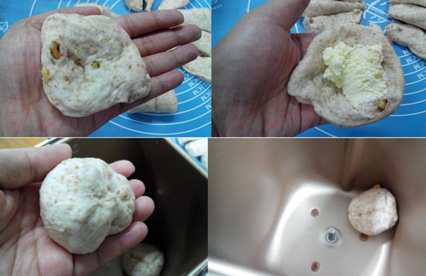 取一個小麵糰壓扁，包上15-16g的乳酪餡，將開口收緊成為一個圓形後，收口朝下放入內鍋裡。