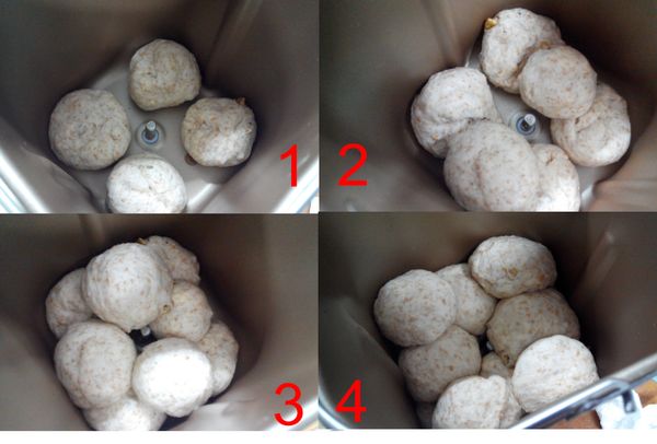 12個小麵糰分成三層，依序為方形四顆-->菱形四顆-->方形四顆。