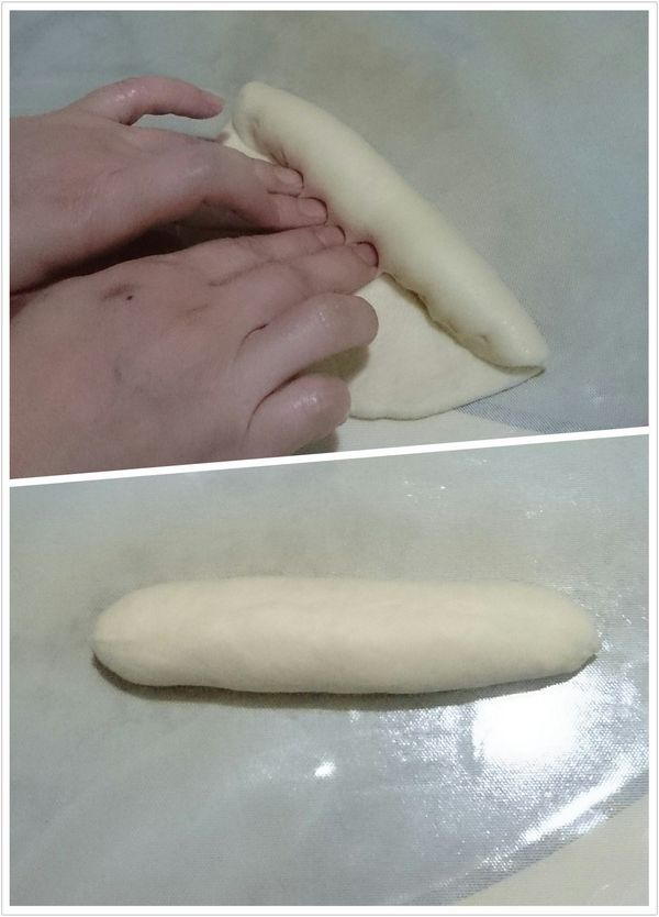 休息好的麵團表面灑些手粉避免沾粘,桿成橢圓形，然後翻面,再由長向捲起,一邊捲一邊壓一下，收口處及2端捏緊成為一個橄欖形。收口朝下間隔整齊放入烤盤中,噴些水放烤箱中再發酵至2倍大。